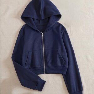Navy Zip-Up Cropped Hoodie